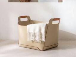 Rackhams Rectangular decorative storage basket in sand-coloured regenerated leather with handles 3303 - thumbnail 2
