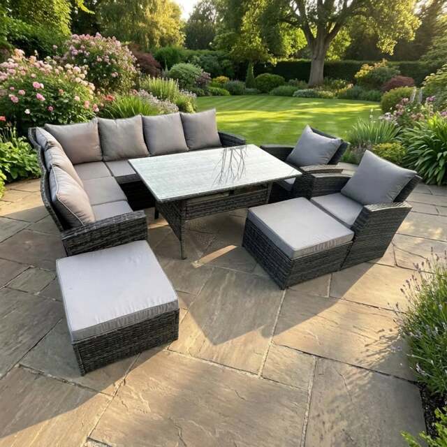 Rackhams 10 Seater High Back Rattan Garden Furniture Set with Corner Sofa, Rectangular Dining Table, 2 Arm Chairs, 2 Footstools - Dark Grey - image 1