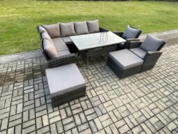 Rackhams 10 Seater High Back Rattan Garden Furniture Set with Corner Sofa, Rectangular Dining Table, 2 Arm Chairs, 2 Footstools - Dark Grey - thumbnail 3