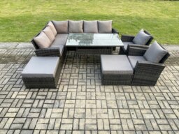 Rackhams 10 Seater High Back Rattan Garden Furniture Set with Corner Sofa, Rectangular Dining Table, 2 Arm Chairs, 2 Footstools - Dark Grey - thumbnail 2