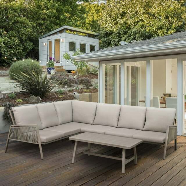 Rackhams Premium 5 Seater Garden Coffee Table Set Outdoor Aluminium Rope Corner Sofa Grey