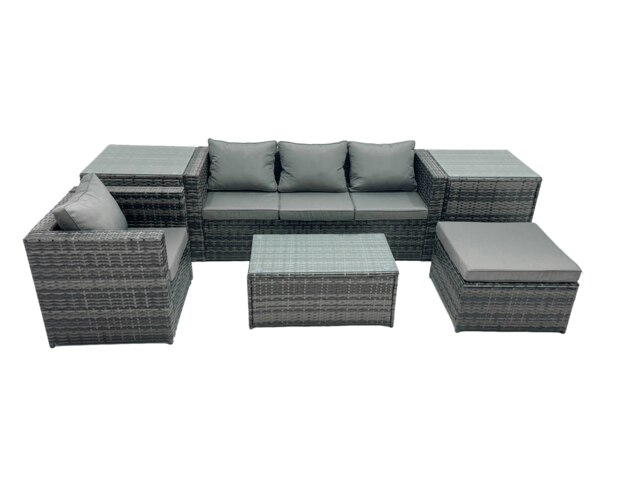 Rackhams Outdoor Coffee Table Sofa Armchair Set with Side Table Big Stool Garden Furniture Set Dark Grey Mixed - image 1