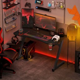 Rackhams Gaming Desk Steel Frame Cup Headphone Holder Adjustable Feet Home Black