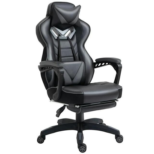 Rackhams Computer Gaming Chair, Racing Desk Chair with Lumbar Support and Footrest, PU Leather Gamer Chair with Headrest and Swivel Wheels for Home, Grey - image 1