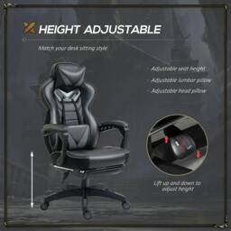 Rackhams Computer Gaming Chair, Racing Desk Chair with Lumbar Support and Footrest, PU Leather Gamer Chair with Headrest and Swivel Wheels for Home, Grey - thumbnail 4