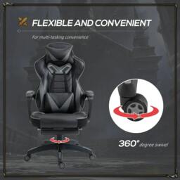 Rackhams Computer Gaming Chair, Racing Desk Chair with Lumbar Support and Footrest, PU Leather Gamer Chair with Headrest and Swivel Wheels for Home, Grey - thumbnail 6