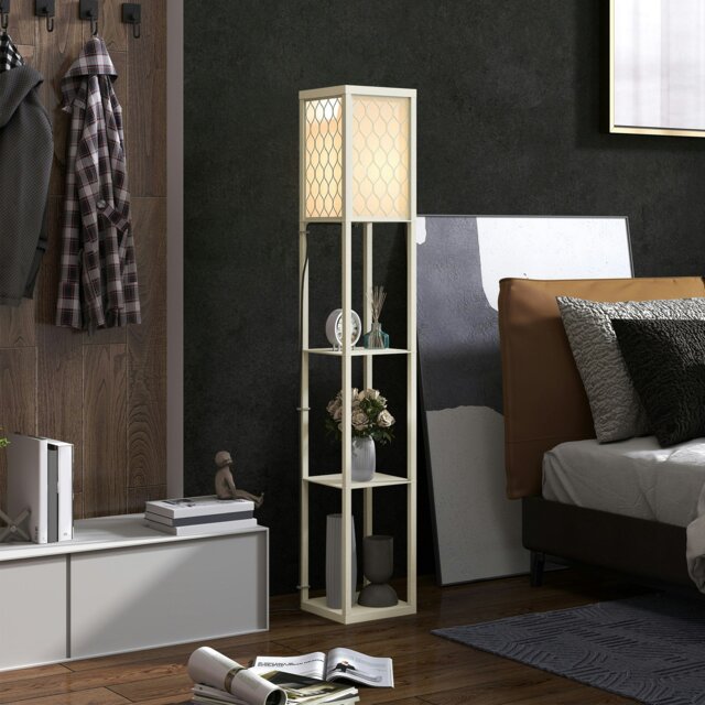 Rackhams Modern Floor Lamp Light with 3 Shelves Fabric Lampshade Oak - Oak - image 1