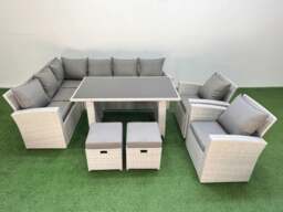 Rackhams 10 Seater Wicker Rattan Corner Sofa Sets Outdoor Garden Furniture Sets with Rectangular Dining Table Lounge Sofa 2 Small Footstools Light Grey - thumbnail 2