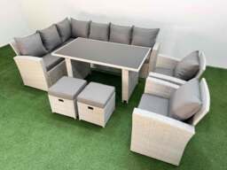 Rackhams 10 Seater Wicker Rattan Corner Sofa Sets Outdoor Garden Furniture Sets with Rectangular Dining Table Lounge Sofa 2 Small Footstools Light Grey - thumbnail 1