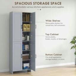 Rackhams Freestanding Kitchen Cupboard, 4-Door Storage Cabinet with Adjustable Shelves, Modern Kitchen Pantry for Dining Room, 170cm, Grey - thumbnail 4