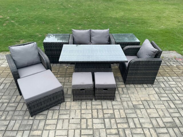 Rackhams Rattan Furniture Outdoor Garden Dining Set Patio Height Adjustable Rising lifting Table Love Sofa Chair With 2 Side Tables Stools - image 1