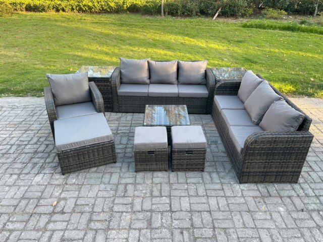 Rackhams 10-Seater Dark Grey Rattan Outdoor Sofa Set - Reclining Chair, Coffee Table, 3 Footstools, 2 Side Tables - image 1