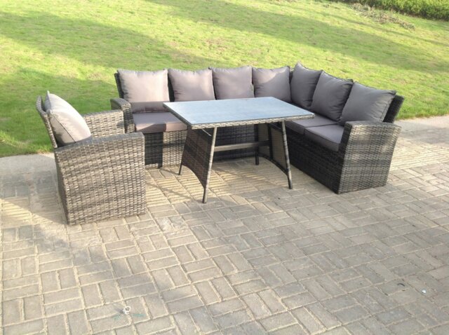 Rackhams 7 Seater High Back Rattan Garden Furniture Set Corner Sofa With Oblong Dining Table And Chair Set - image 1