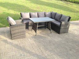 Rackhams 7 Seater High Back Rattan Garden Furniture Set Corner Sofa With Oblong Dining Table And Chair Set - thumbnail 1
