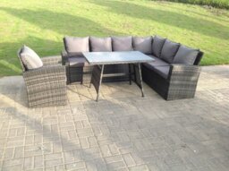 Rackhams 7 Seater High Back Rattan Garden Furniture Set Corner Sofa With Oblong Dining Table And Chair Set - thumbnail 2