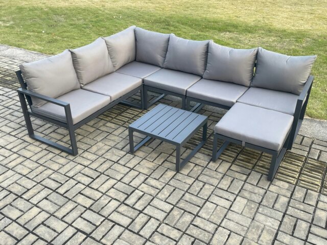 Rackhams 7 Seater Aluminium Garden Furniture Set Outdoor Lounge Corner Sofa Square Coffee Table Sets with Big Footstool Dark Grey