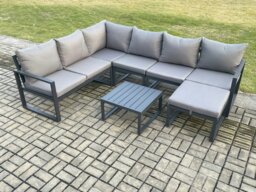 Rackhams 7 Seater Aluminium Garden Furniture Set Outdoor Lounge Corner Sofa Square Coffee Table Sets with Big Footstool Dark Grey - thumbnail 1