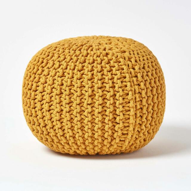 Rackhams Round Cotton Knitted Pouffe Footstool Bean Filled Hand Knitted - Mustard - image 1