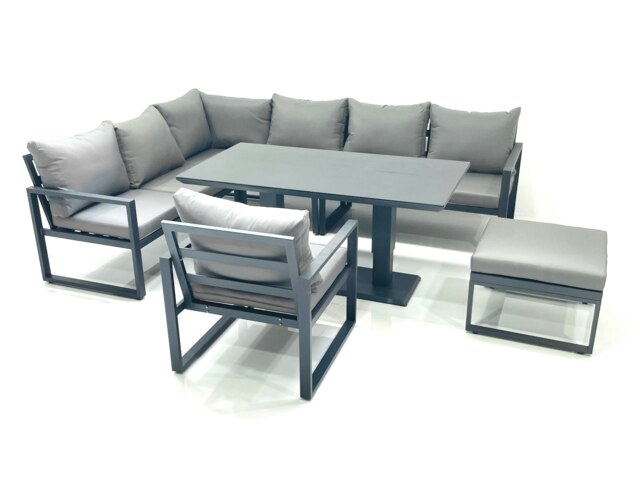 Rackhams Aluminum Outdoor Garden Furniture Set Corner Sofa Big Footstool Chair Adjustable Rising Lifting Dining Table Sets Dark Grey