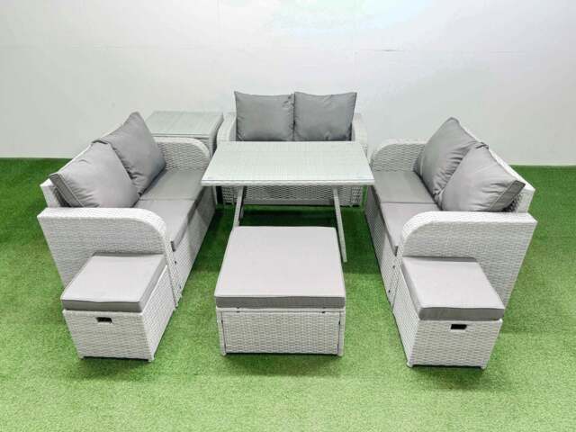 Rackhams Rattan Garden Furniture Dining Set 9 seater Patio Rectangular Table Love Sofa Set with Side Table 3 Stools - image 1