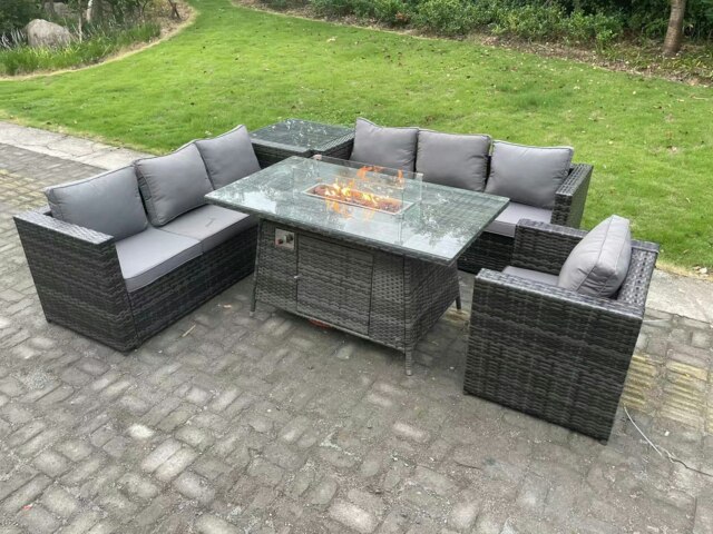 Rackhams 7 Seater Rattan Garden Furniture Sofa Set Outdoor Patio Gas Fire Pit Dining Table Gas Heater Burner With Armchair Side Table Dark Grey Mixed - image 1
