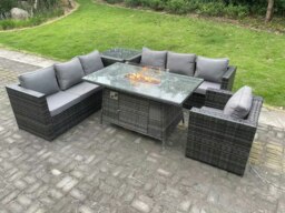 Rackhams 7 Seater Rattan Garden Furniture Sofa Set Outdoor Patio Gas Fire Pit Dining Table Gas Heater Burner With Armchair Side Table Dark Grey Mixed - thumbnail 1
