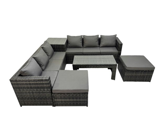 Rackhams Garden Rattan Outdoor Furniture Set 8 Seater Patio Corner Sofa Oblong Coffee Table with 2 Big Stool Side Table Dark Grey - image 1