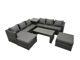 Rackhams Garden Rattan Outdoor Furniture Set 8 Seater Patio Corner Sofa Oblong Coffee Table with 2 Big Stool Side Table Dark Grey - thumbnail 2