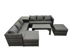 Rackhams Garden Rattan Outdoor Furniture Set 8 Seater Patio Corner Sofa Oblong Coffee Table with 2 Big Stool Side Table Dark Grey - thumbnail 1