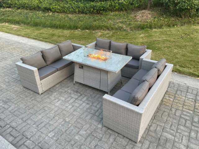 Rackhams Light Grey U Shape Lounge Sofa Dining Set With Gas Fire Pit Dining Table Garden Furniture Set Heater Burner - image 1