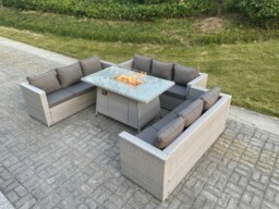Rackhams Light Grey U Shape Lounge Sofa Dining Set With Gas Fire Pit Dining Table Garden Furniture Set Heater Burner - thumbnail 2