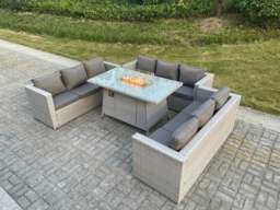 Rackhams Light Grey U Shape Lounge Sofa Dining Set With Gas Fire Pit Dining Table Garden Furniture Set Heater Burner - thumbnail 3