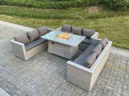 Rackhams Light Grey U Shape Lounge Sofa Dining Set With Gas Fire Pit Dining Table Garden Furniture Set Heater Burner - thumbnail 1