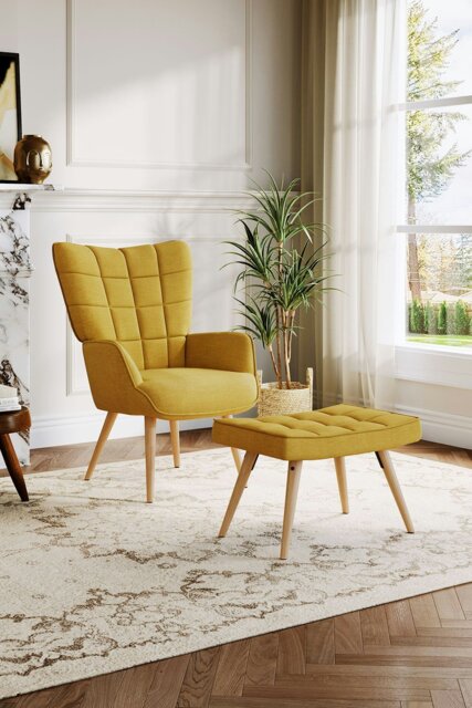 Rackhams Yellow Linen Upholstered Armchair with Footstool - Yellow - image 1