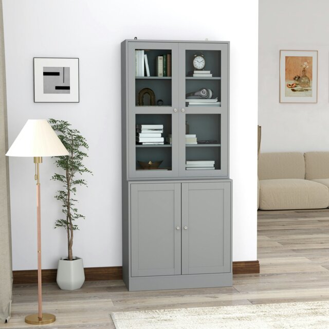Rackhams Modern Bookcase Display Storage Cabinet w/ Doors Adjustable Shelves - Grey - image 1