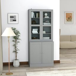 Rackhams Modern Bookcase Display Storage Cabinet w/ Doors Adjustable Shelves - Grey - thumbnail 1