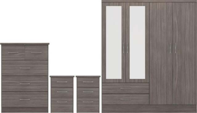 Rackhams Nevada 4 Door Wardrobe 4 Piece Bedroom Set - Black Wood Grain - image 1