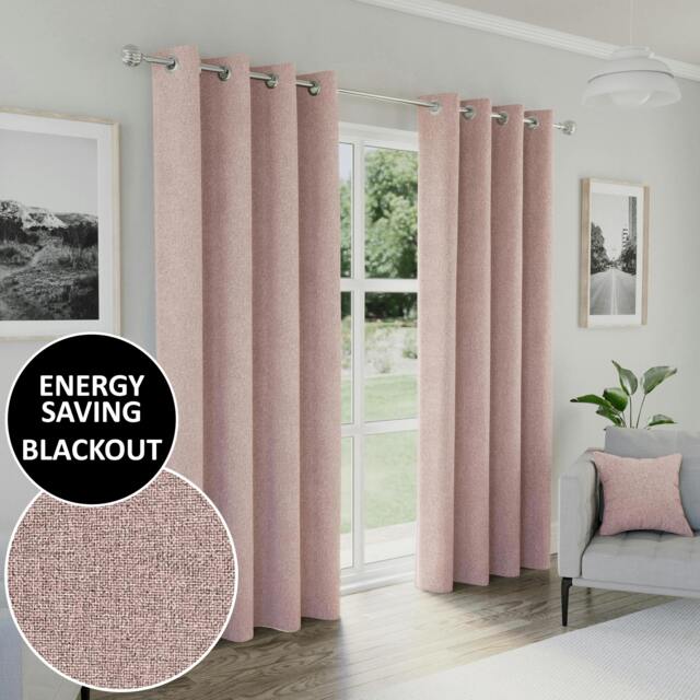"Rackhams Blush Textured Basketweave 100% Blackout Curtains - Thermal/Energy Saving Pair with Eyelets For Living Room & Bedrooms - 46"" (117cm) Width x 54"" (137cm) Drop" - image 1