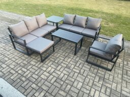 Rackhams Aluminium 8 Seater Garden Furniture Outdoor Patio Sofa Set with Rectangular Coffee Table Armchair Big Footstool Side Table Dark Grey - thumbnail 1
