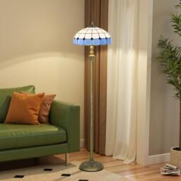 Rackhams Floor Lamp with Handcrafted Stained Glass Shade, Vintage Standing Lamp - Bronze Tone and Blue