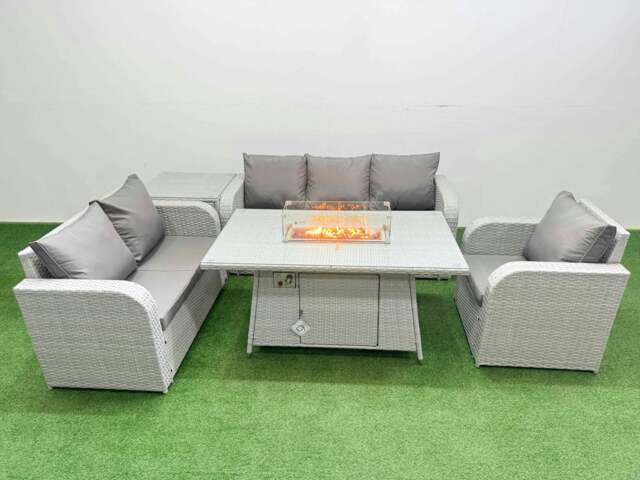 Rackhams 6 Seater Outdoor Rattan Furniture Sofa Sets with Fire Pit Dining Table Reclining Chair Loveseat Sofa 3 Seater Sofa Side Table Light Grey - image 1
