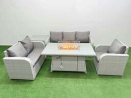 Rackhams 6 Seater Outdoor Rattan Furniture Sofa Sets with Fire Pit Dining Table Reclining Chair Loveseat Sofa 3 Seater Sofa Side Table Light Grey - thumbnail 1