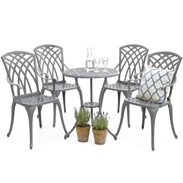 Rackhams OSHOWA Luxurious Garden and Patio Table and 4 Large Chairs with Armrests Cast Aluminium Bistro Set Grey - image 1
