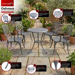 Rackhams OSHOWA Luxurious Garden and Patio Table and 4 Large Chairs with Armrests Cast Aluminium Bistro Set Grey - thumbnail 4
