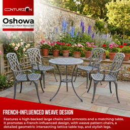 Rackhams OSHOWA Luxurious Garden and Patio Table and 4 Large Chairs with Armrests Cast Aluminium Bistro Set Grey - thumbnail 2