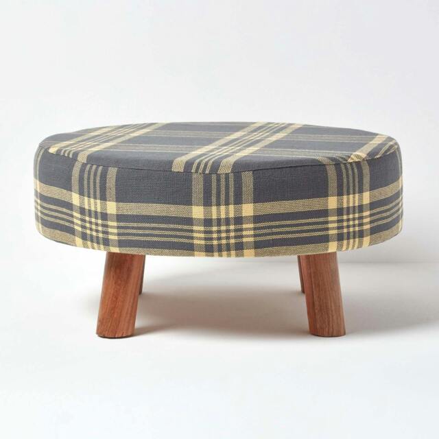 Rackhams Grey and Yellow Tartan Fabric Flat Circular Stool with Wooden Legs - image 1