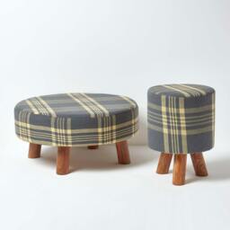 Rackhams Grey and Yellow Tartan Fabric Flat Circular Stool with Wooden Legs - thumbnail 5