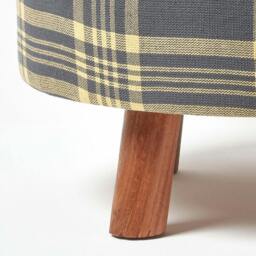 Rackhams Grey and Yellow Tartan Fabric Flat Circular Stool with Wooden Legs - thumbnail 4