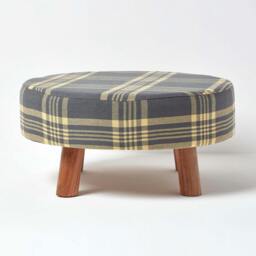 Rackhams Grey and Yellow Tartan Fabric Flat Circular Stool with Wooden Legs