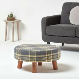 Rackhams Grey and Yellow Tartan Fabric Flat Circular Stool with Wooden Legs - thumbnail 2